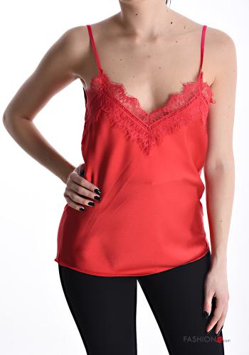 lace trim satin Tank-Top with v-neck