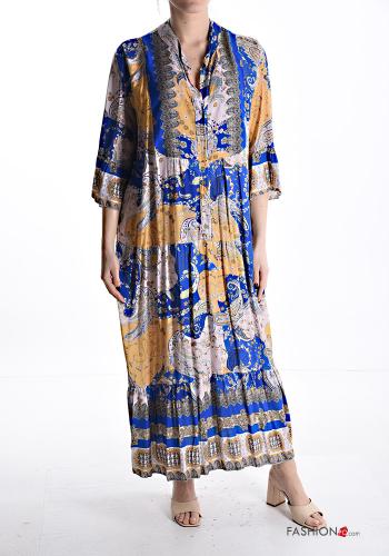 Bedrucktes lange Kleid aus Baumwolle mit Volants 3/4 ärmel mit V-Ausschnitt mit Knöpfen