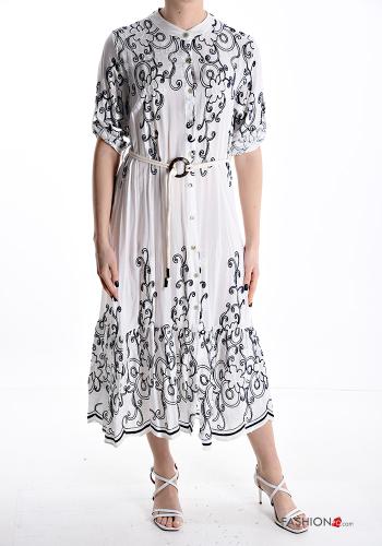 Embroidered long Cotton Shirt dress with string 3/4 sleeve with flounces
