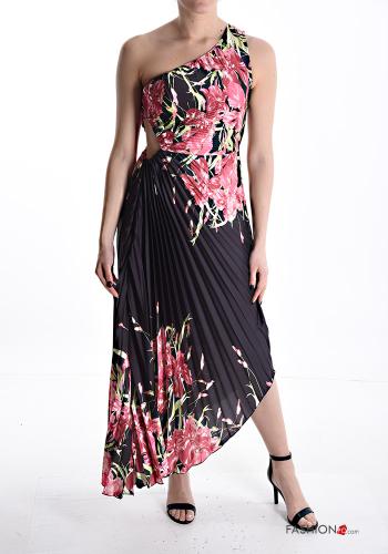 Vestido decote assimétrico assimétrico longo plissê Floral