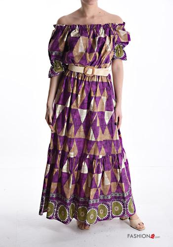 Geometric pattern short sleeve long Cotton Dress with belt with elastic with flounces