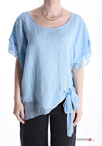 Blouse en Soie à dos nu col rond manches courtes avec noeud - ph 1