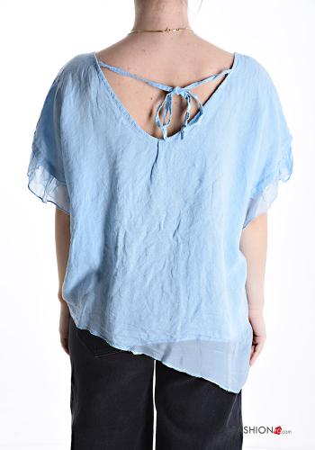 Blouse en Soie à dos nu col rond manches courtes avec noeud - ph 2