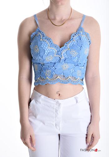 lace trim mini Top with v-neck with shoulder pads