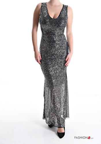 sleeveless long Dress with sequins with v-neck