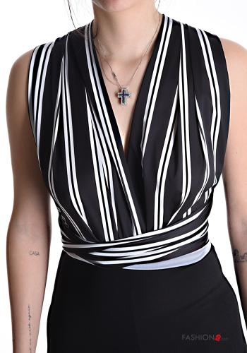 Jumpsuit scollato sulla schiena a zampa vita alta Fantasia righe con nodo scollo profondo - ph 4