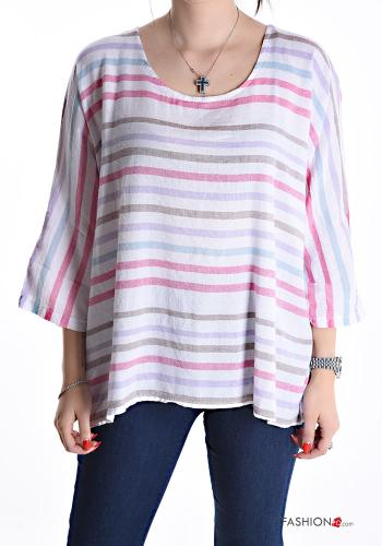 Blouse en Lin col rond Imprimé à rayures manches à trois-quarts - ph 1