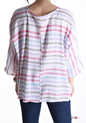 Blouse en Lin col rond Imprimé à rayures manches à trois-quarts - ph 2