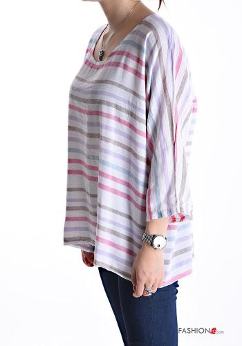Blouse en Lin col rond Imprimé à rayures manches à trois-quarts - ph 3