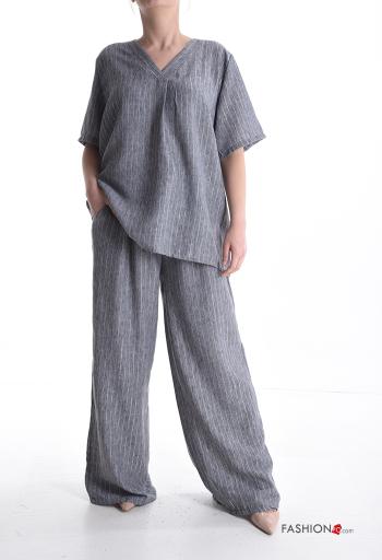 Ensemble coordonné en Lin lurex manches courtes Imprimé à rayures à col en V avec élastique avec poches - ph 1