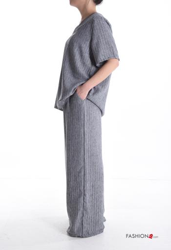 Ensemble coordonné en Lin lurex manches courtes Imprimé à rayures à col en V avec élastique avec poches - ph 3