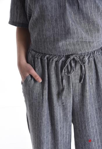 Ensemble coordonné en Lin lurex manches courtes Imprimé à rayures à col en V avec élastique avec poches - ph 4