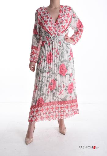 Floral pleated long sleeve Dress with belt with v-neck