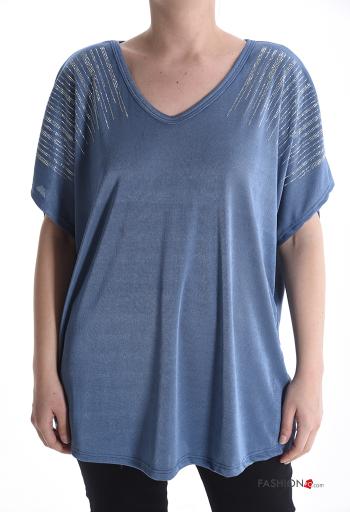 Blusa maniche corte scollo a V con strass - ph 1