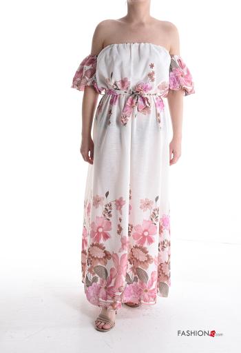 Floral short sleeve backless long Linen Dress with fabric belt with elastic