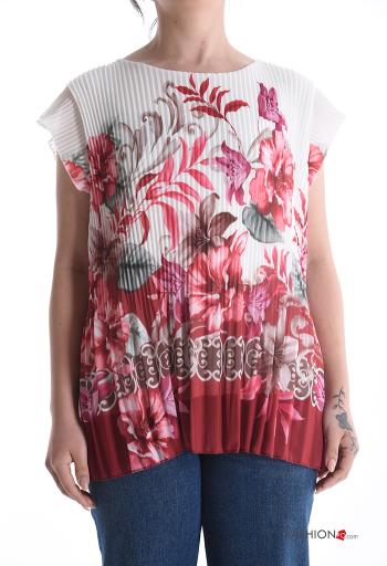 Floral short sleeve crew neck pleated Blouse - ph 1