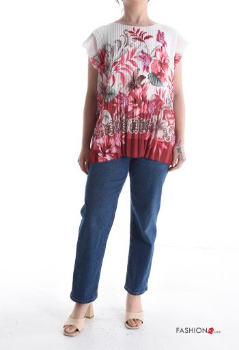 Floral short sleeve crew neck pleated Blouse - ph 5
