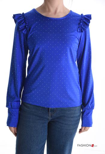 ruffle sleeve crew neck Long sleeved top with rhinestones