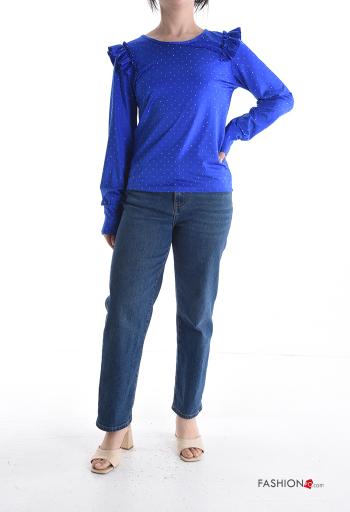 ruffle sleeve crew neck Long sleeved top with rhinestones - ph 5