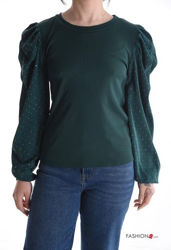 crew neck Long sleeved top with rhinestones with shoulder pads
