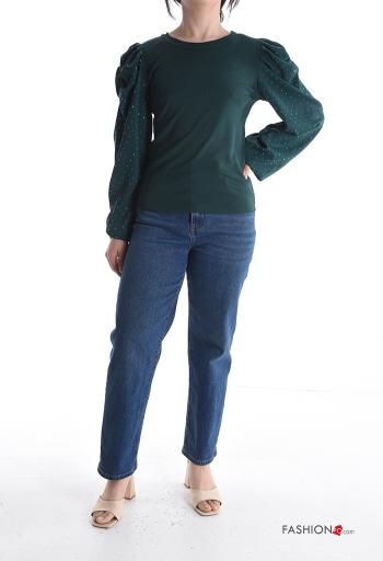 crew neck Long sleeved top with rhinestones with shoulder pads - ph 5