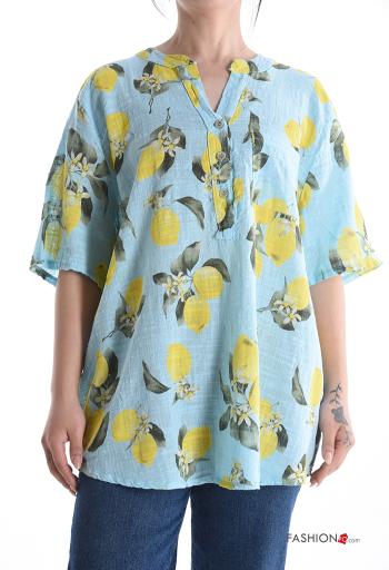 Blusa in Cotone maniche corte Fantasia oggetti con bottoni
