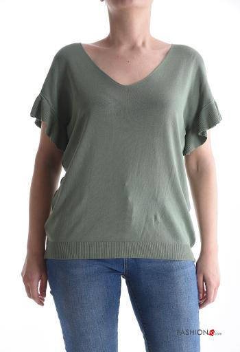 kurze ärmel volantärmel Strickpullover mit V-Ausschnitt - ph 1