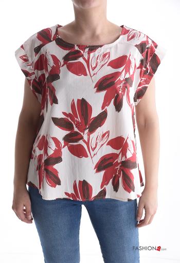 Blusa in Cotone maniche corte girocollo Fantasia con foglie con bottoni
