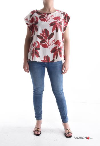 Blusa in Cotone maniche corte girocollo Fantasia con foglie con bottoni - ph 5