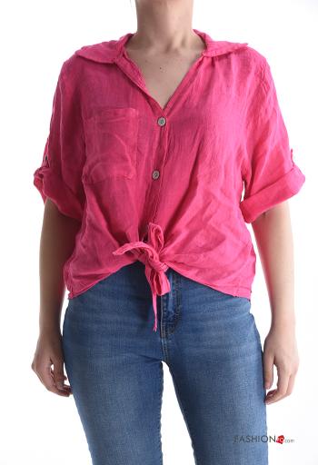 Camicia in Lino maniche corte con colletto con nodo con bottoni con tasche