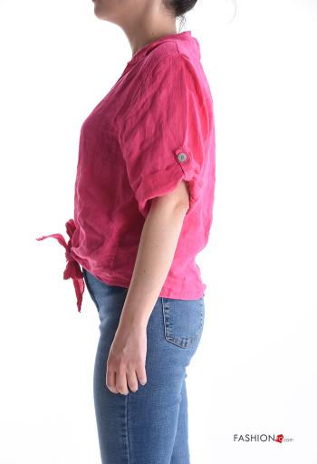 Chemise en Lin manches courtes à collet avec poches à noeud à boutons - ph 3