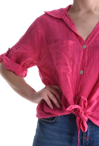 Chemise en Lin manches courtes à collet avec poches à noeud à boutons - ph 4