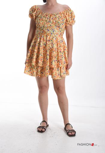 Abito maniche corte corto Fantasia floreale scollo alla bardot con balze con elastico