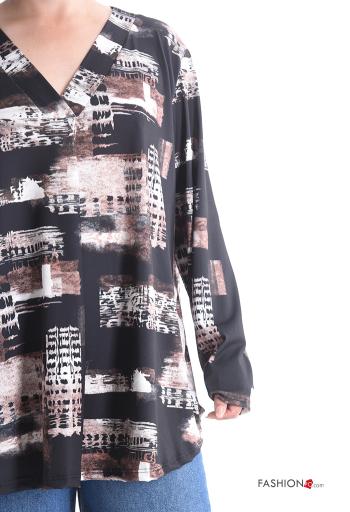 Abstrakte Muster Oversize lange ärmel Tunika mit V-Ausschnitt - ph 4