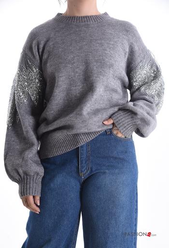 long sleeve crew neck Sweater with sequins with rhinestones