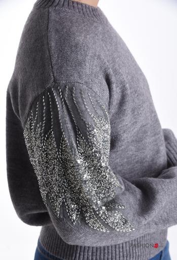 long sleeve crew neck Sweater with sequins with rhinestones - ph 4