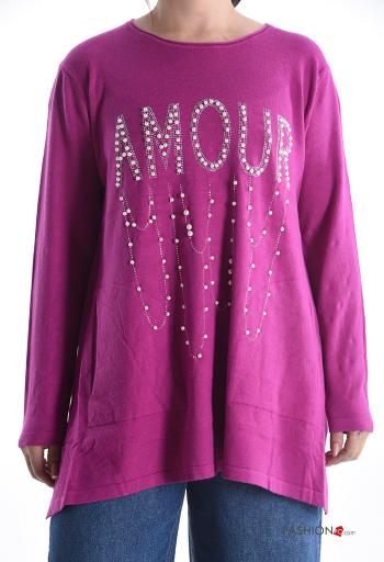 Maglione maniche lunghe girocollo Fantasia scritta con spacco con borchie con tasche con strass - ph 1