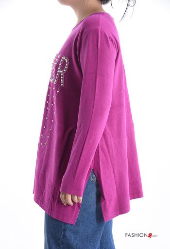 Maglione maniche lunghe girocollo Fantasia scritta con spacco con borchie con tasche con strass - ph 3