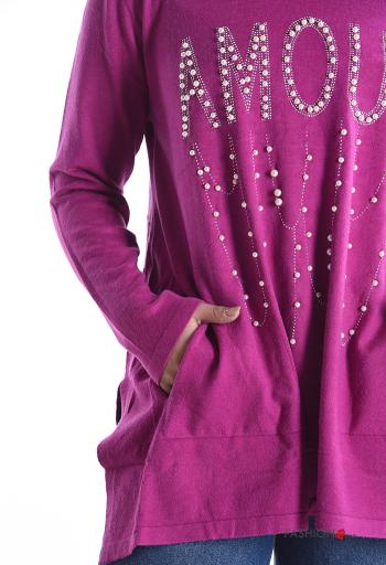 Maglione maniche lunghe girocollo Fantasia scritta con spacco con borchie con tasche con strass - ph 4