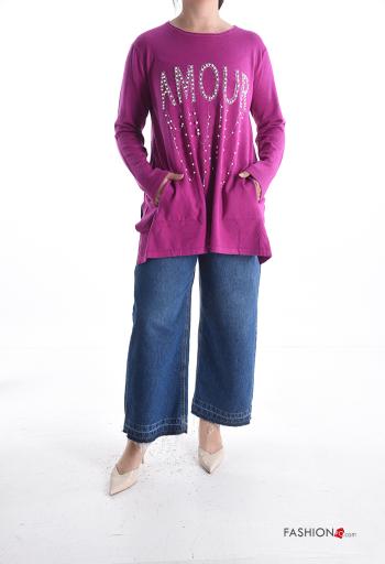 Maglione maniche lunghe girocollo Fantasia scritta con spacco con borchie con tasche con strass - ph 5