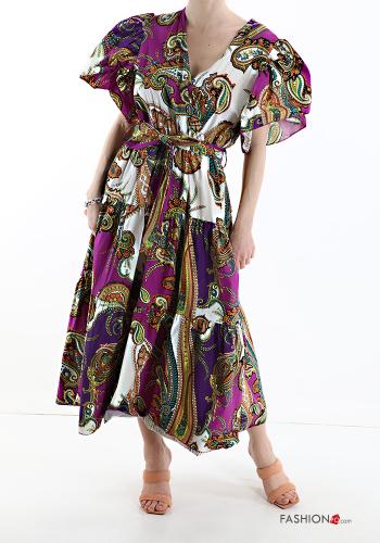 Jacquard-Muster Kleid aus Baumwolle mit Volants mit V-Ausschnitt mit Schleife