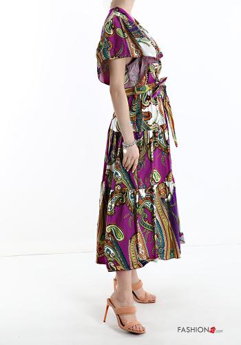 Vestido em Algodão Padrão jacquard com laço com folhos gola V - ph 3