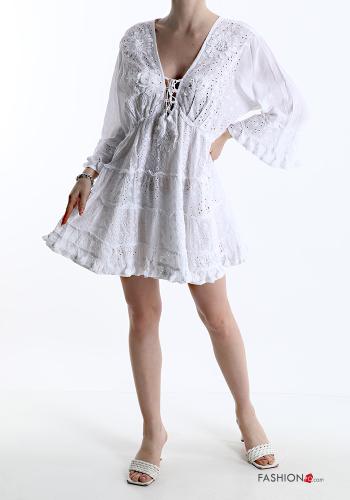 lace trim Cotton Dress with flounces with v-neck with bow