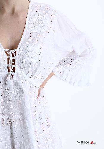 lace trim Cotton Dress with flounces with v-neck with bow - ph 4