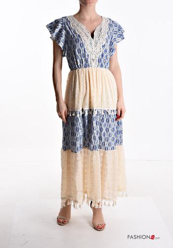 Abito in Cotone lungo pizzo maniche corte Fantasia geometrica scollo a V con balze con frange