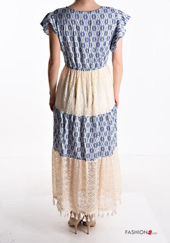 Abito in Cotone lungo pizzo maniche corte Fantasia geometrica scollo a V con balze con frange - ph 2