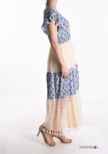 Abito in Cotone lungo pizzo maniche corte Fantasia geometrica scollo a V con balze con frange - ph 3