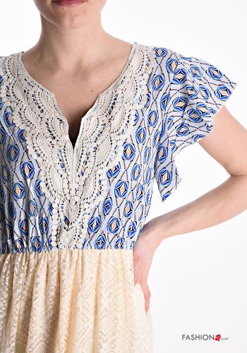 Abito in Cotone lungo pizzo maniche corte Fantasia geometrica scollo a V con balze con frange - ph 4