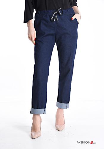 denim Cotton Trousers with pockets with elastic with bow
