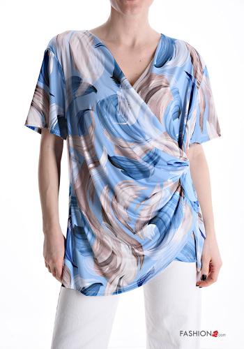Blouse manches courtes Imprimé abstrait à col en V à noeud - ph 1